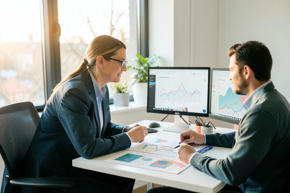 Data professionals discussing charts and analytics in a bright office