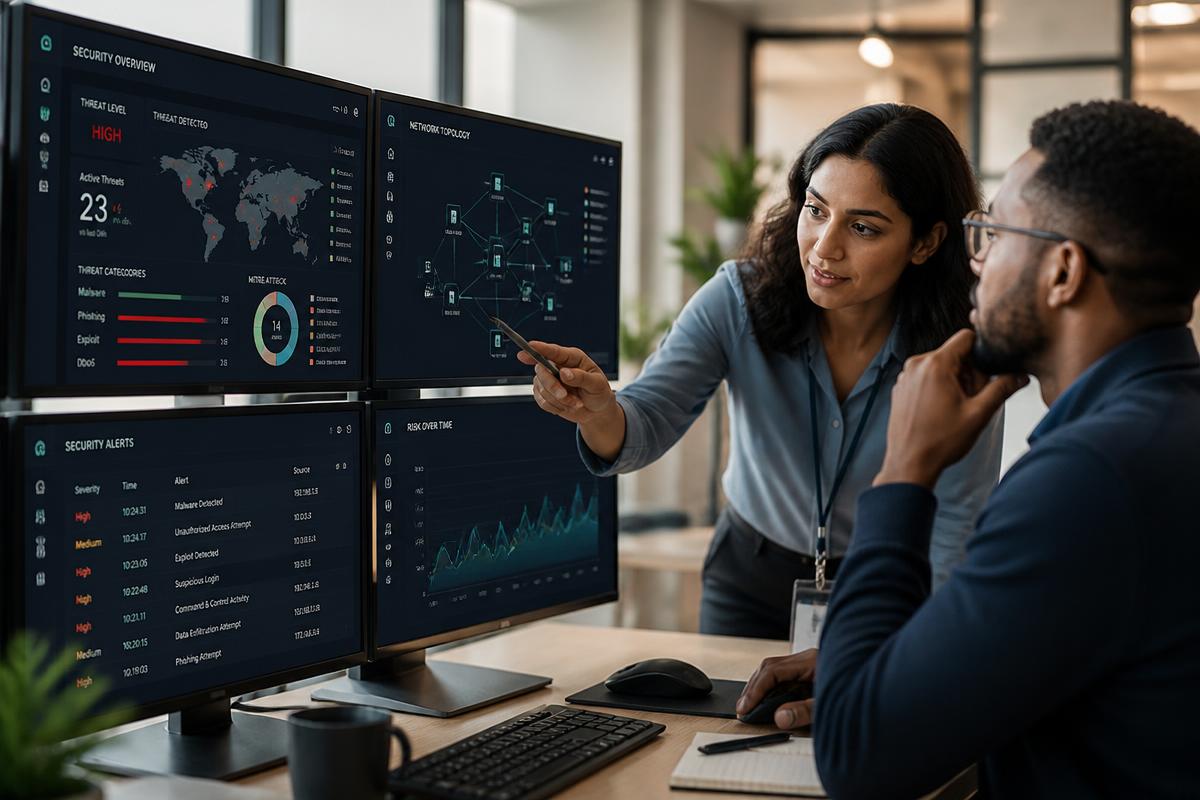 Cybersecurity professionals reviewing security dashboards together